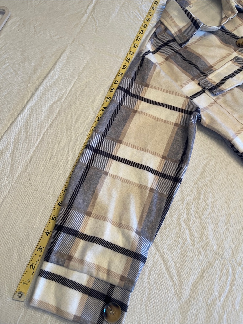 Long Plaid Shacket Coat in Cream & Gray - Picture 8 of 10